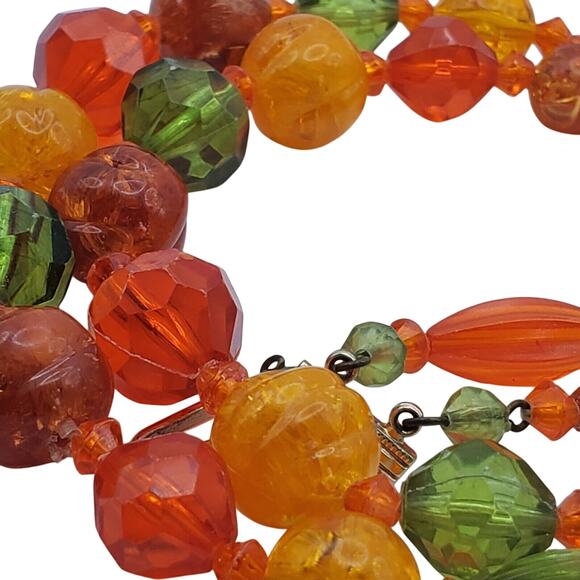 Vintage West Germany Acrylic Bead Necklace Earrings Set Orange Green Retro 1960s - Picture 6 of 10
